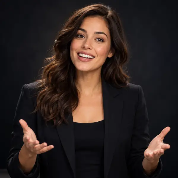 Kleines illustriertes Porträt einer einladend wirkenden Fernsehmoderatorin vor einem dunklen, neutralen Hintergrund.