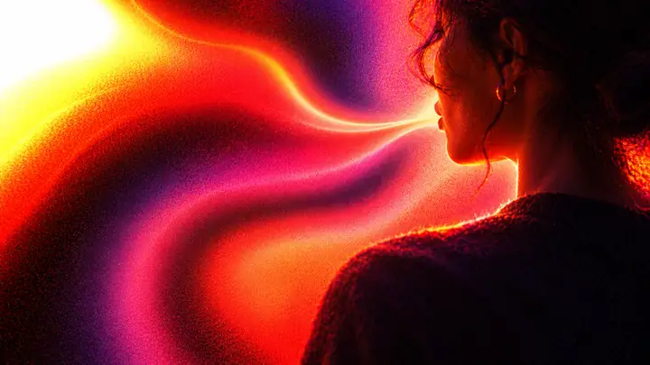 Leuchtendes fließendes Licht in Orange, Rosa und Lila für eine Stimme im Sprachunterricht.